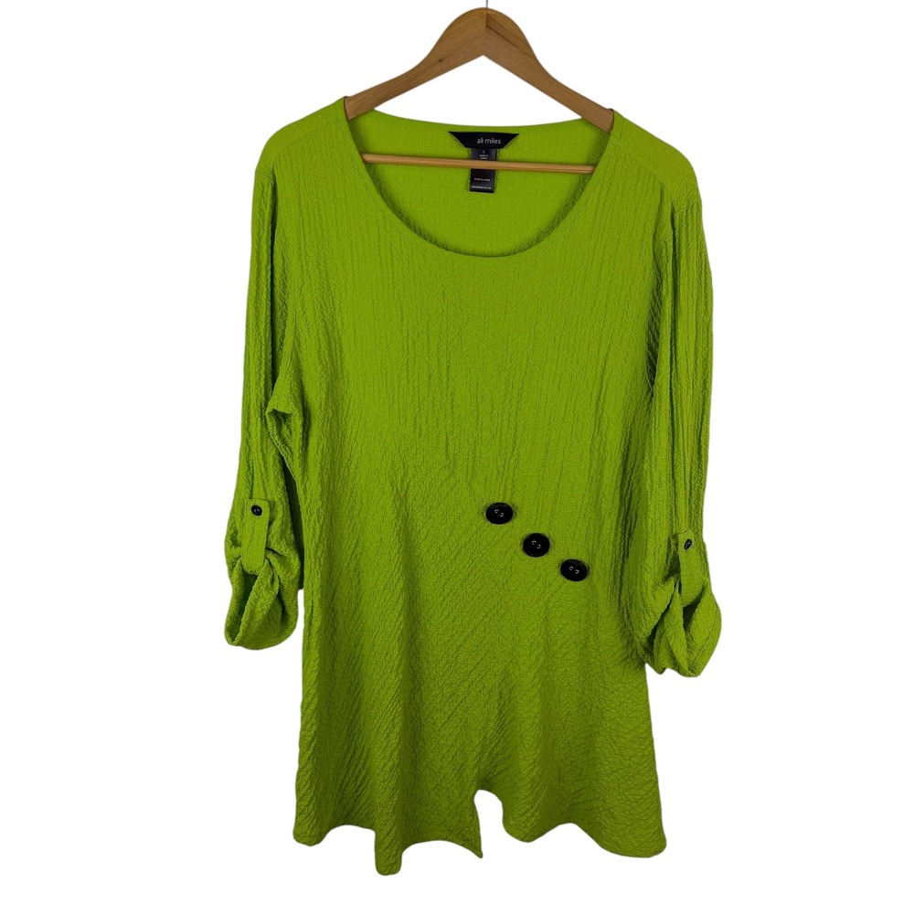 Ali Miles Womens Lime Green Textured Button Accent Roll Tab Sleeve Tunic Top L